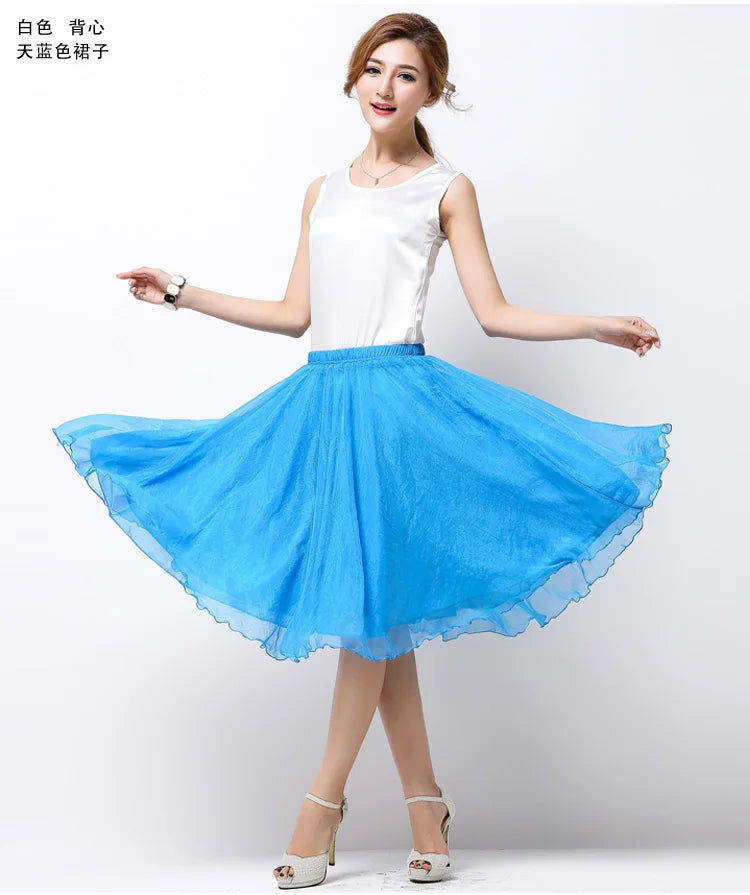 Summer Women Silk Tutu Skirts Chiffon Pleated Dance Beach Wedding Party Skirt Black White Elastic High Waist Midi Skirts