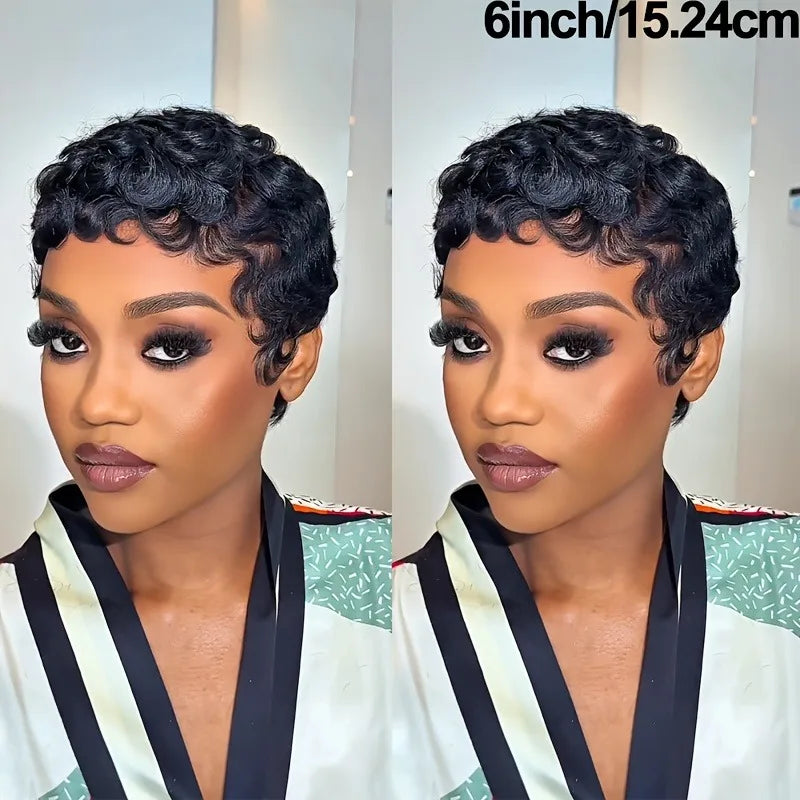 Women's Human Hair Pixie Cut Wig full machine made - Short Layered Curly with Bangs, Natural Black 150% Density Rose Net Cap