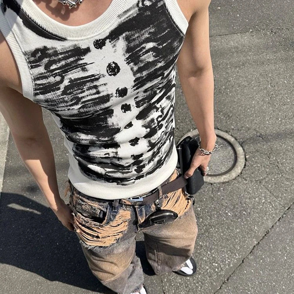 Mens Street Tie-Dye Tight-Fitting Sports Vest Genderless Sexy Fashion Youth Trendy Casual Printed Comfortable Vest Unisex