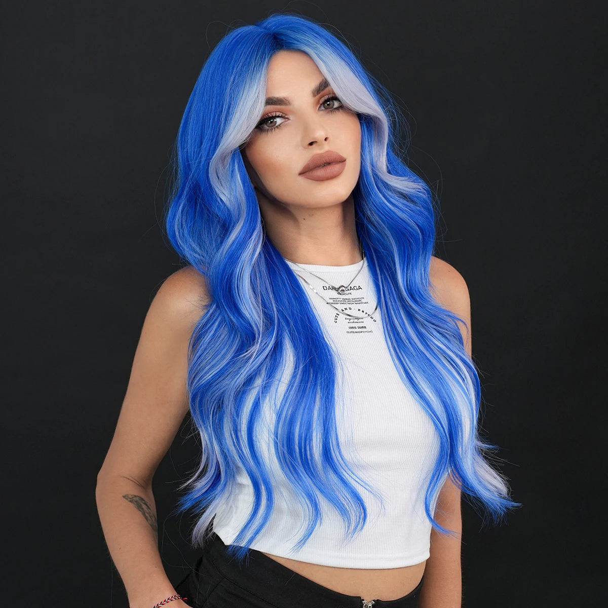 NAMM Highlight Skunk Wig Body Wave Synthetic Blue Wig for Women Daily Party Use Highlight Ash Wavy Wigs With Medium Wigs