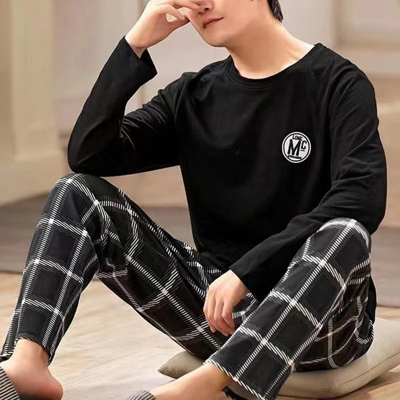 Summer Men's Pyjamas 2024 New Long-Sleeved Large Size Youth Home Wear Suit Black Plaid Trousers Two-Piece Set Can Be Worn Outsid