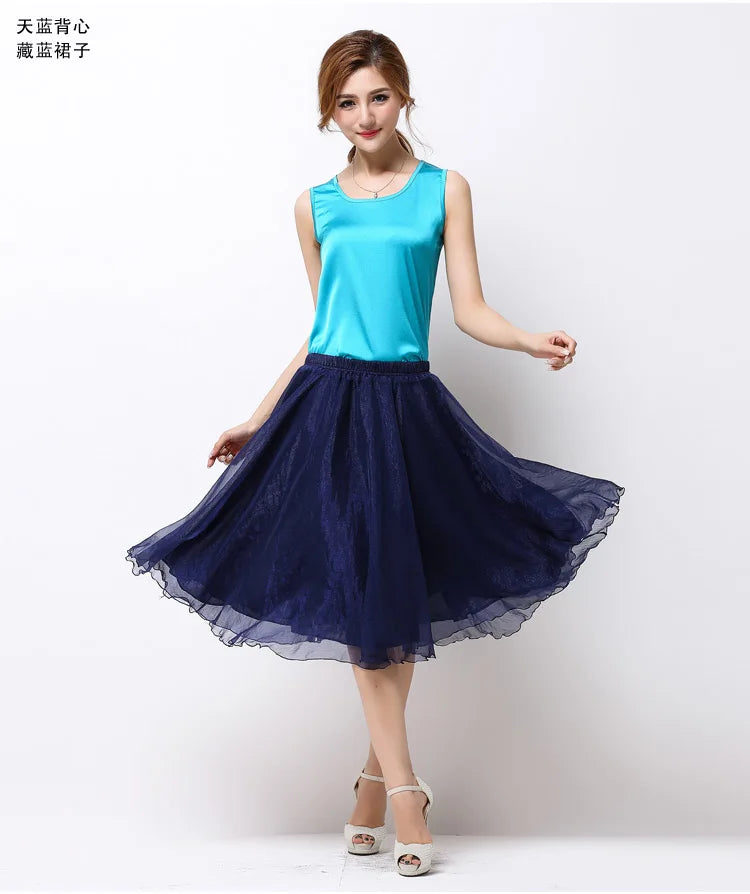 Summer Women Silk Tutu Skirts Chiffon Pleated Dance Beach Wedding Party Skirt Black White Elastic High Waist Midi Skirts