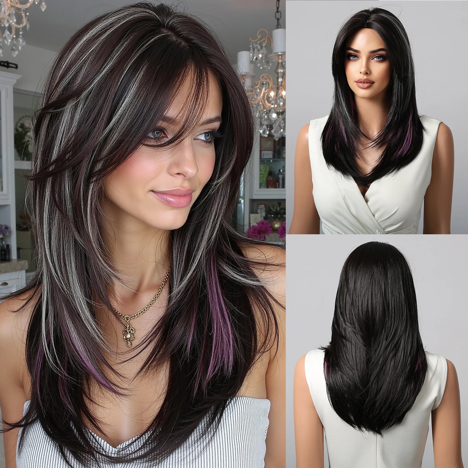 EASIHAIR Purple Synthetic Wigs for Women Long Straight Layered Hair Wigs With Side Bangs Ombre Purple Black Wigs Heat Resistant