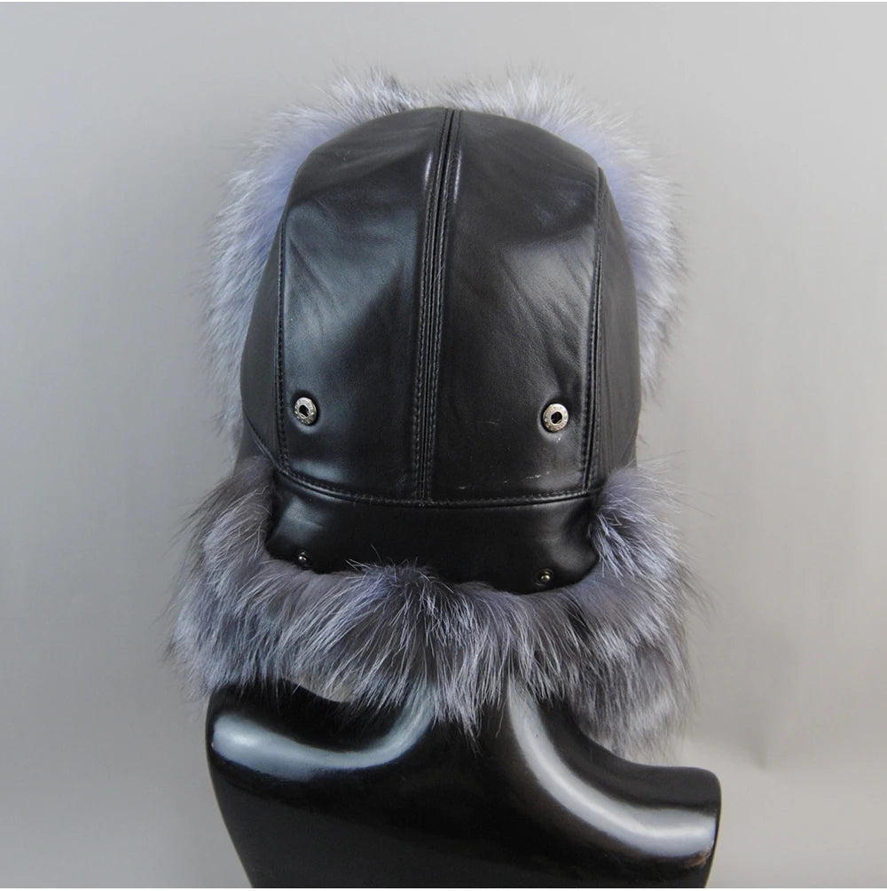 2026 Unisex Outdoor Windproof Winter Natural Real Fox Fur Bombers Hats Women Raccoon Fur Cap Luxury Real Sheepskin Leather Hat