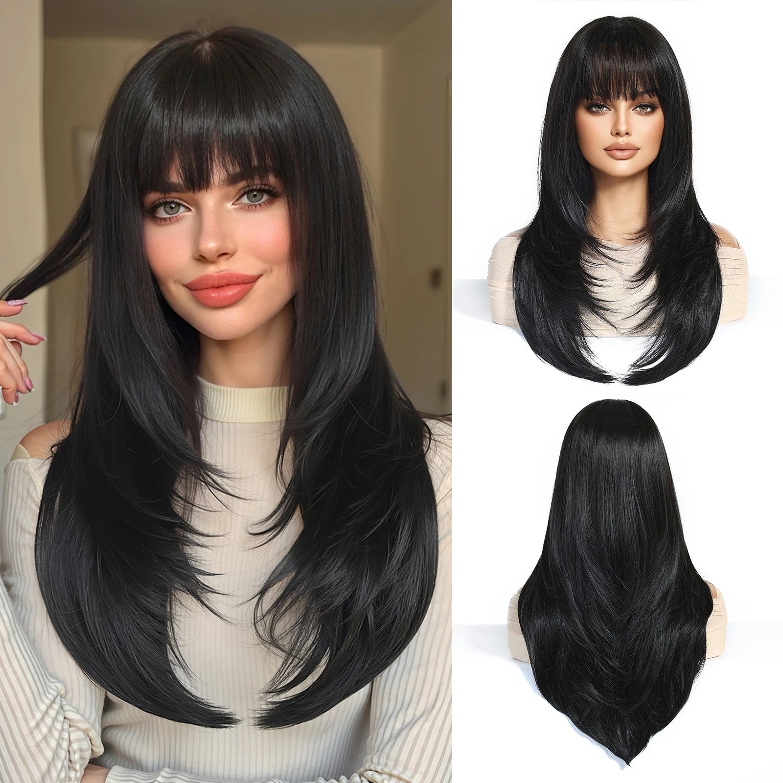 EASIHAIR Brown Straight Layered Wigs for Women Long Natural Hair Synthetic Wigs With Bangs Daily Use Party Heat Resistant Wigs