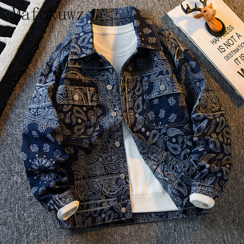 Spring Autumn Ethnic Style Denim Jacket Men's Niche Retro Loose Casual High Street Personalized Jackets Men Tops Male Clothes
