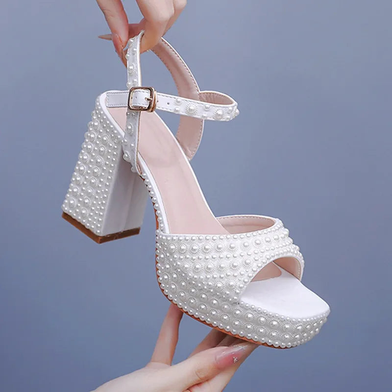 Luxury Handmade Full Pearls Thick Heeled Women Gladiator Sandals Fashion Summer Platform Wedges High heels Chunky Sandals Shoes
