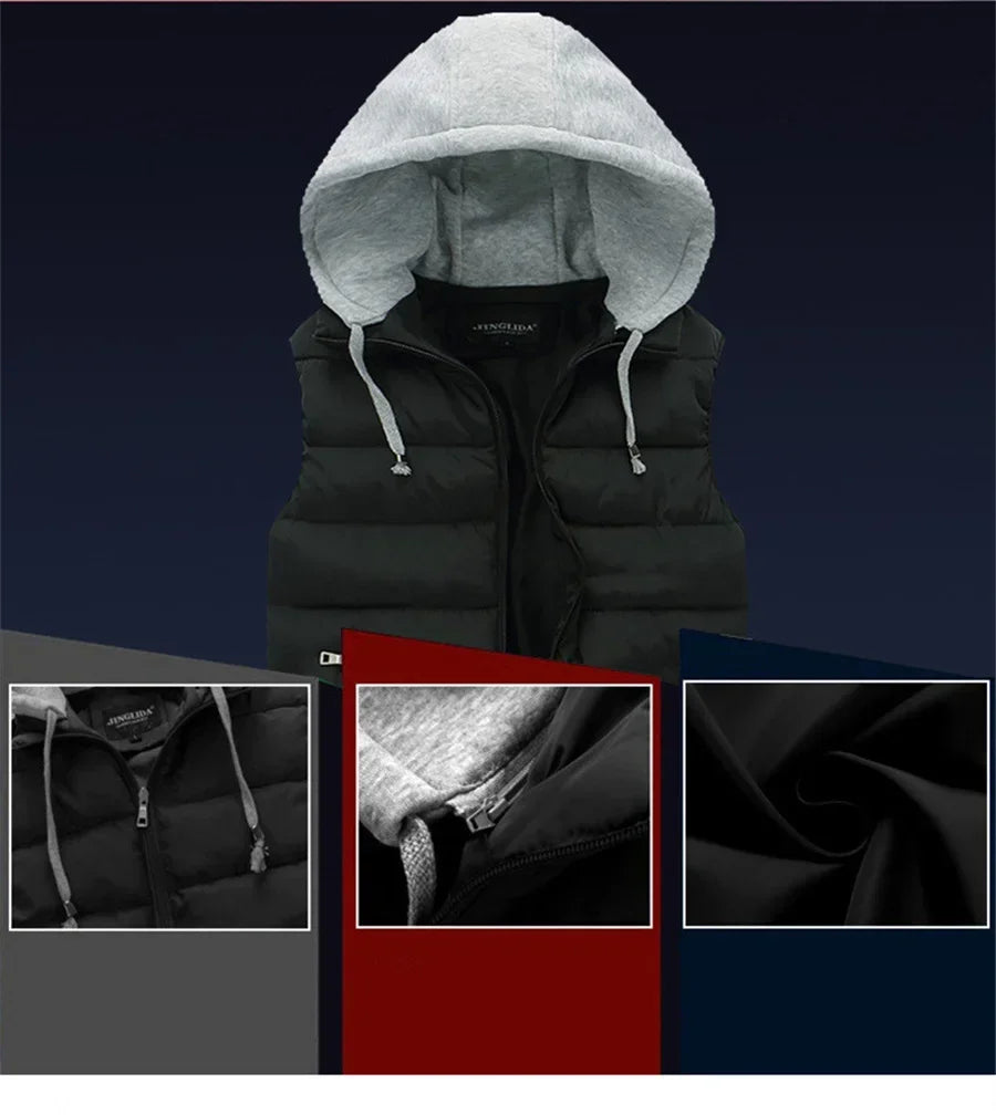 Men's Padded Vest Autumn Winter Hooded Jackets Outerwear Thick Warm Sleeveless Parka Coat Casual Men Clothing Male Slim Tops