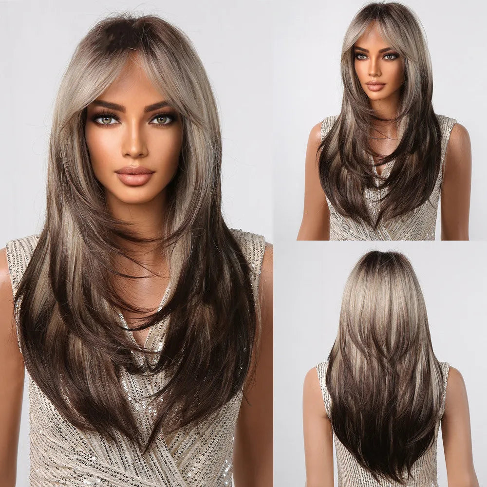 ALAN EATON Long Straight Layered Synthetic Wigs with Bangs Blonde Highlights on Brown Wigs for Black Women Afro Daily Party Hair