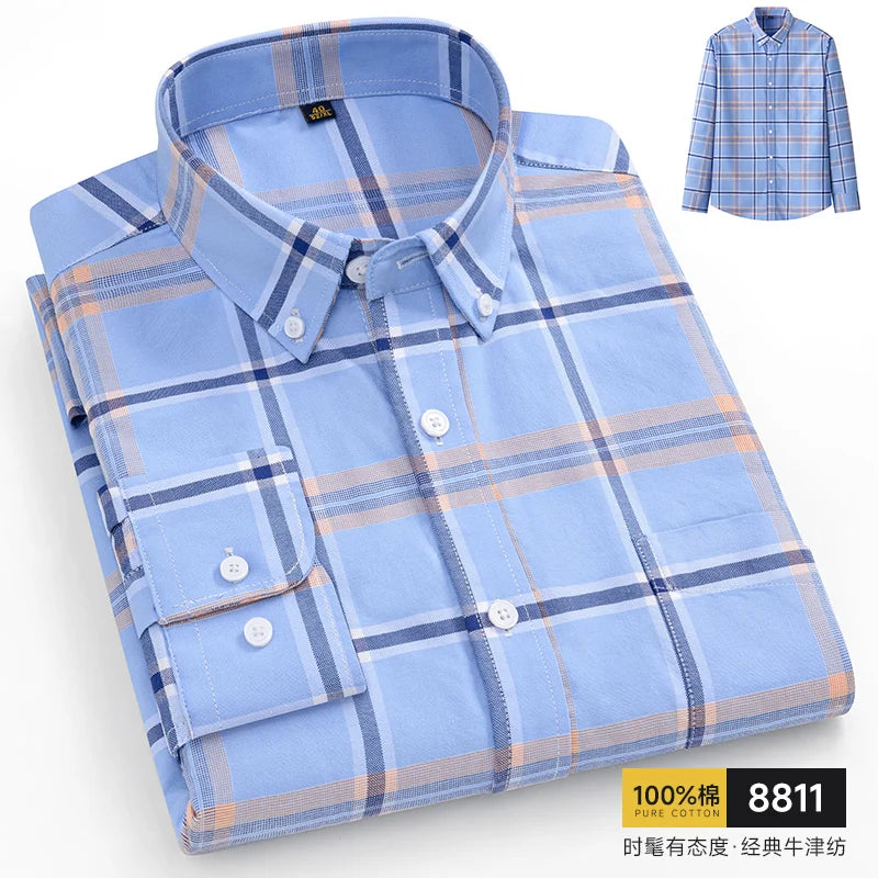 100% Pure Cotton Men Shirts Long Sleeve Dress Shirts Male Slim Social Business Blouse Solid Color Oxford Shirt 8XL 10XL 11XL