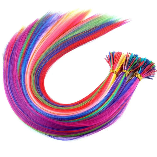 20" Rainbow Synthetic Hair Extensions Kit 10PCS Colored I-Tip Extensions with Micro Beads Hook Needle for Women Kids Cosplay