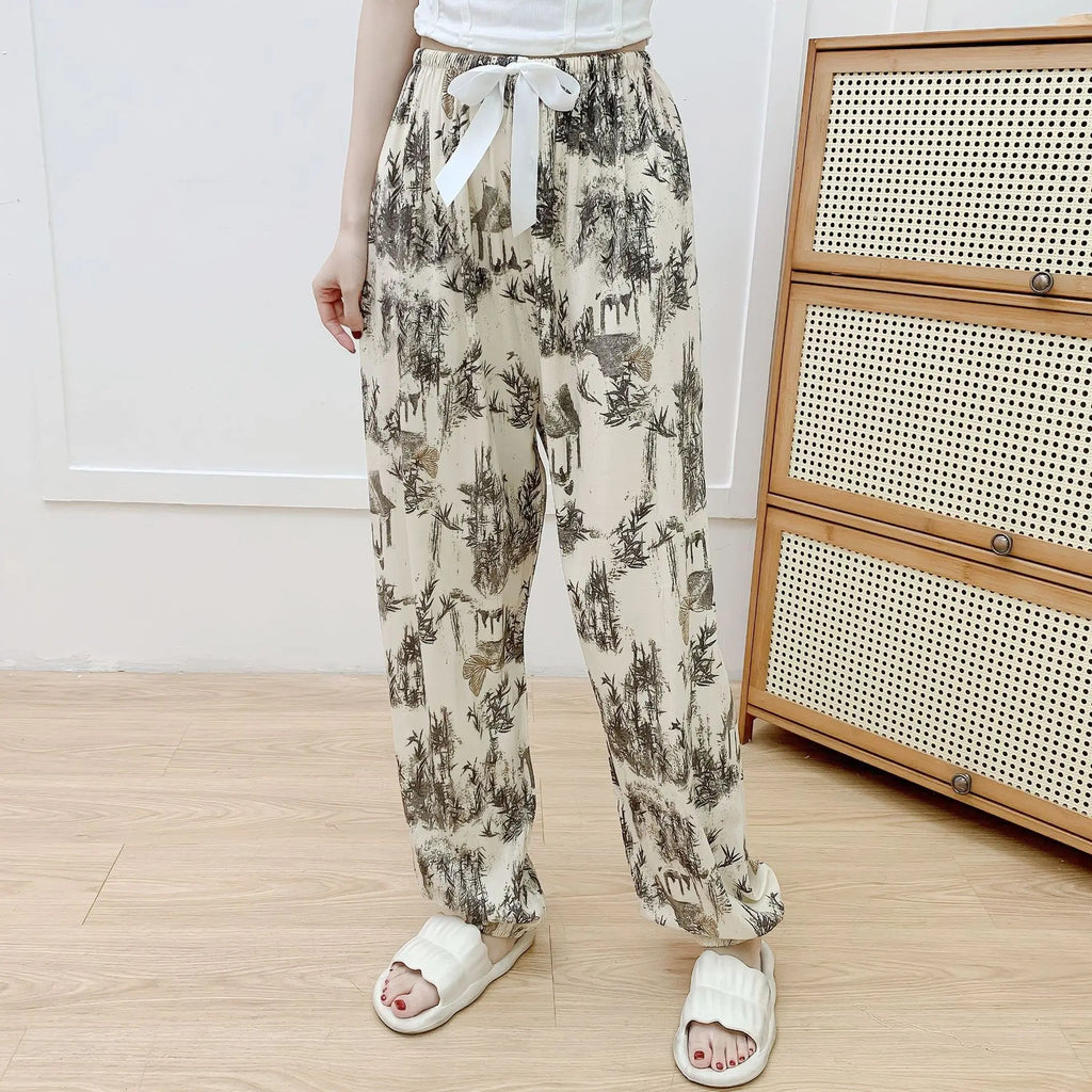 New Korean Style Pants Summer Cropped Trousers Women's Flower Home Clothes Loose Wide Leg Pants Casual Beach Outfits Sweatpants
