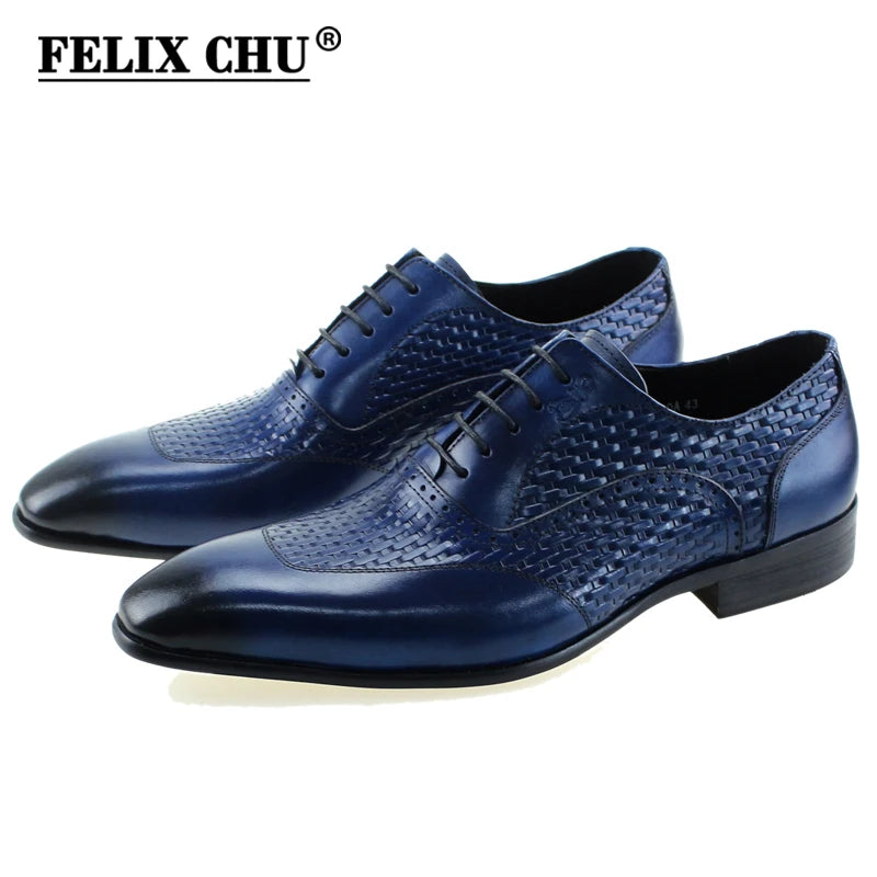 Luxury Genuine Leather Oxford Shoes Men Elegant Office Pointed Toe High Quality Black Blue Lace Up Mens Business Dress Shoes