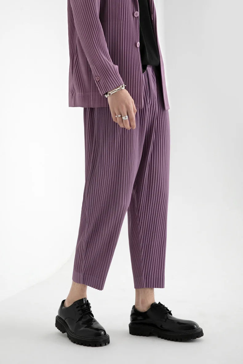 Pleats Pleated Commuter Pants Men's 2024 Autumn New Draped Elastic Trousers Casual Japanese Men Solid Color Nine Minute Pants