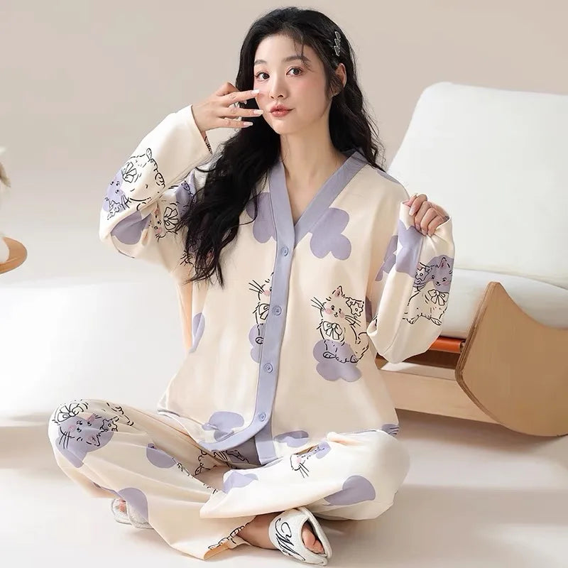 Y2k Women's 100% POLYESTER Pajamas with Cartoon Print Korean Fresh Ins Style Harajuku Lounges 2pcs 2024 New Spring/fall Homewear