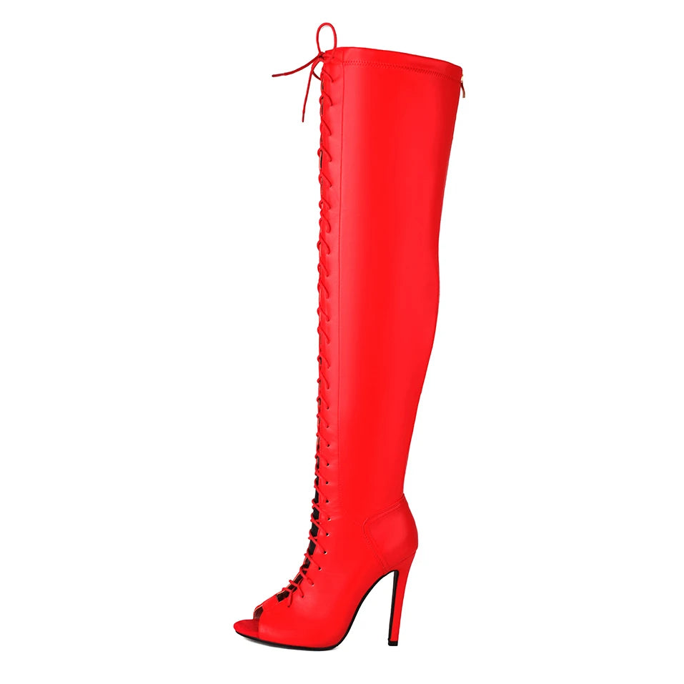 Fashion Party Women's Dance Shoes Sexy Thin High Heels Open Toe Cool Boot Summer Latin Jazz Ballroom Cross Straps Thigh Boots