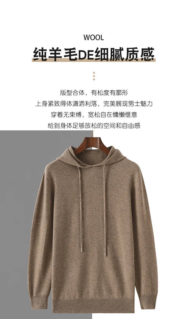 Men's Autumn Winter 100% Merino Wool Sweater Hooded Collar Knitted Pullover Cashmere Sweatshirt Casual Large Tops Long Sleeved