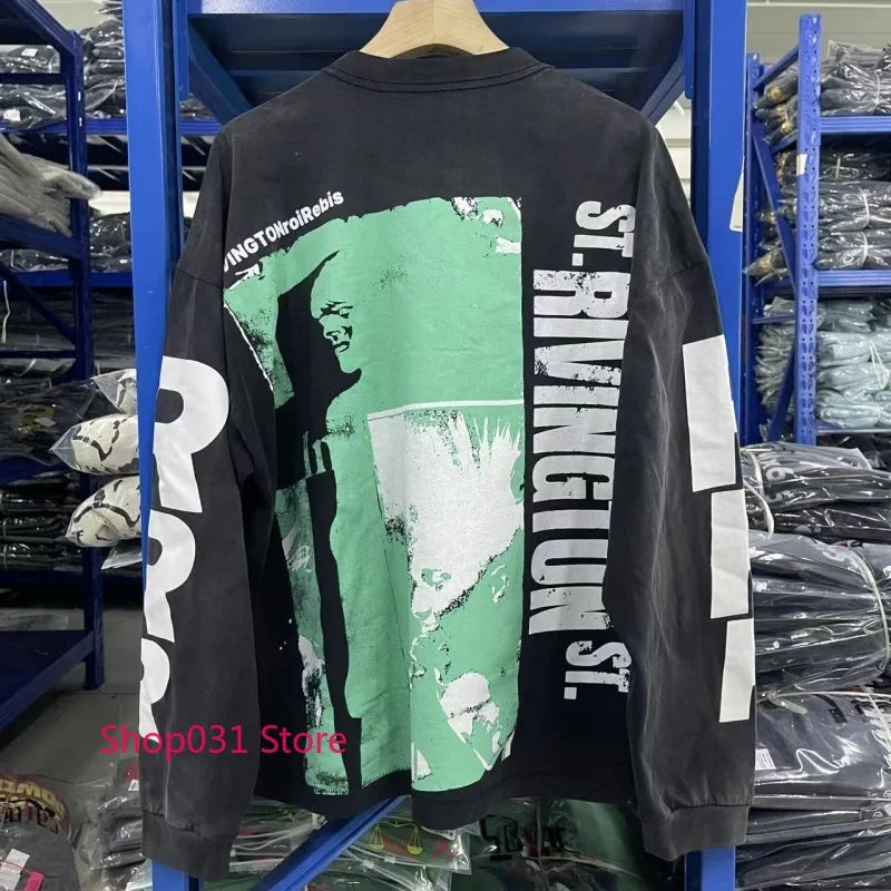 R123 Long Sleeve T Shirt Vintage Washed 100% Cotton Loose Fit Casual Mens Pullover  oversized t shirt