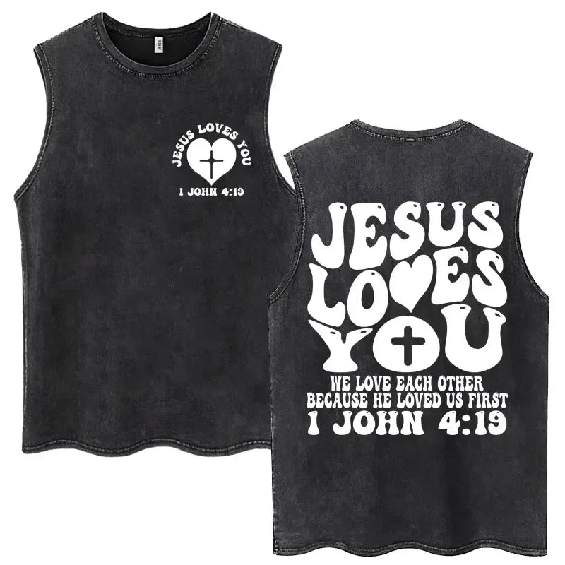 Christian Jesus Church Vintage Washed Tank Tops Bible Verse God Loves You Sleeveless T-shirt Men Women Cotton Loose Y2k T Shirts