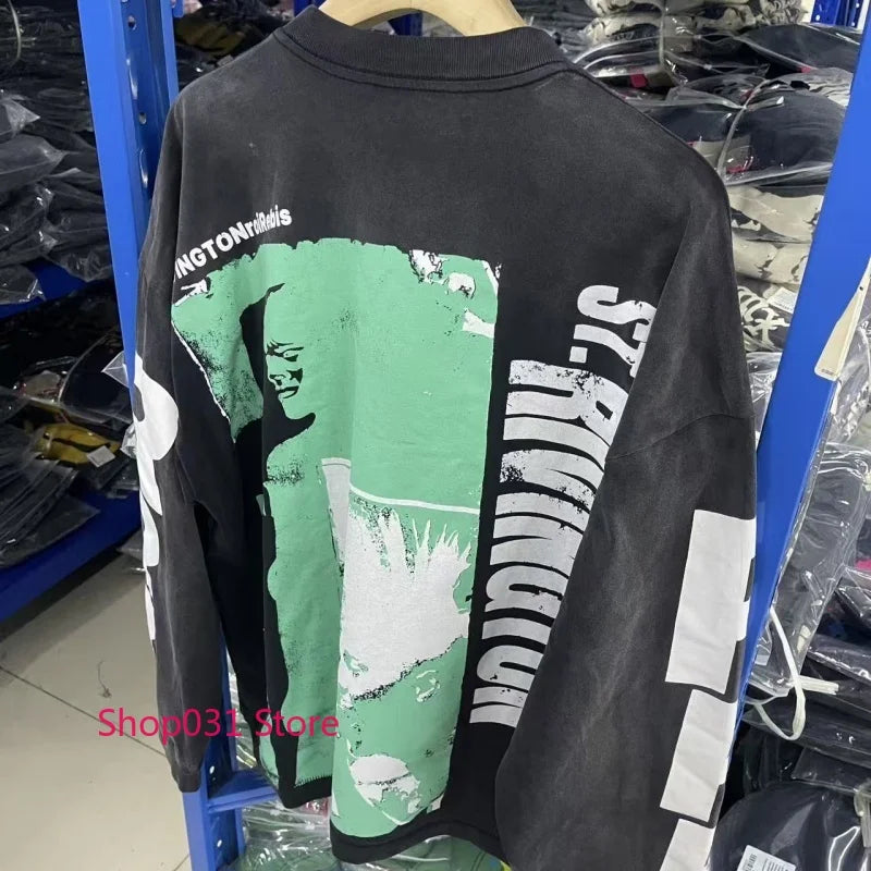 R123 Long Sleeve T Shirt Vintage Washed 100% Cotton Loose Fit Casual Mens Pullover  oversized t shirt
