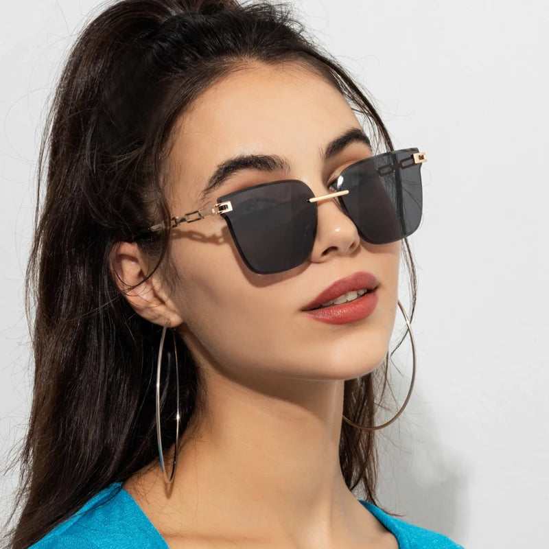 New Sunglasses Women Rimless Cat Eye Eyewear Gradient Brown Cutting Lens Sun Glasses For Female Alloy Eyeglasses Brand Designer