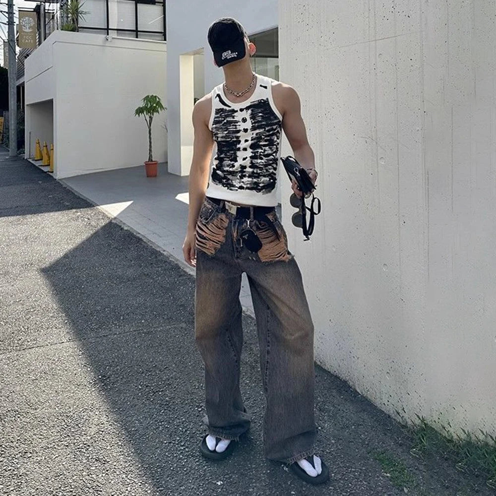Mens Street Tie-Dye Tight-Fitting Sports Vest Genderless Sexy Fashion Youth Trendy Casual Printed Comfortable Vest Unisex