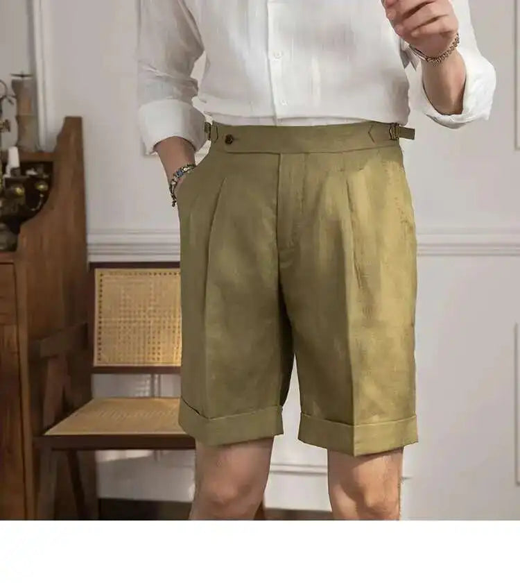 100% Linen Summer Straight Naples Shorts Men Solid Color Business Dress Pants Office Social Casual Slim Fit Shorts