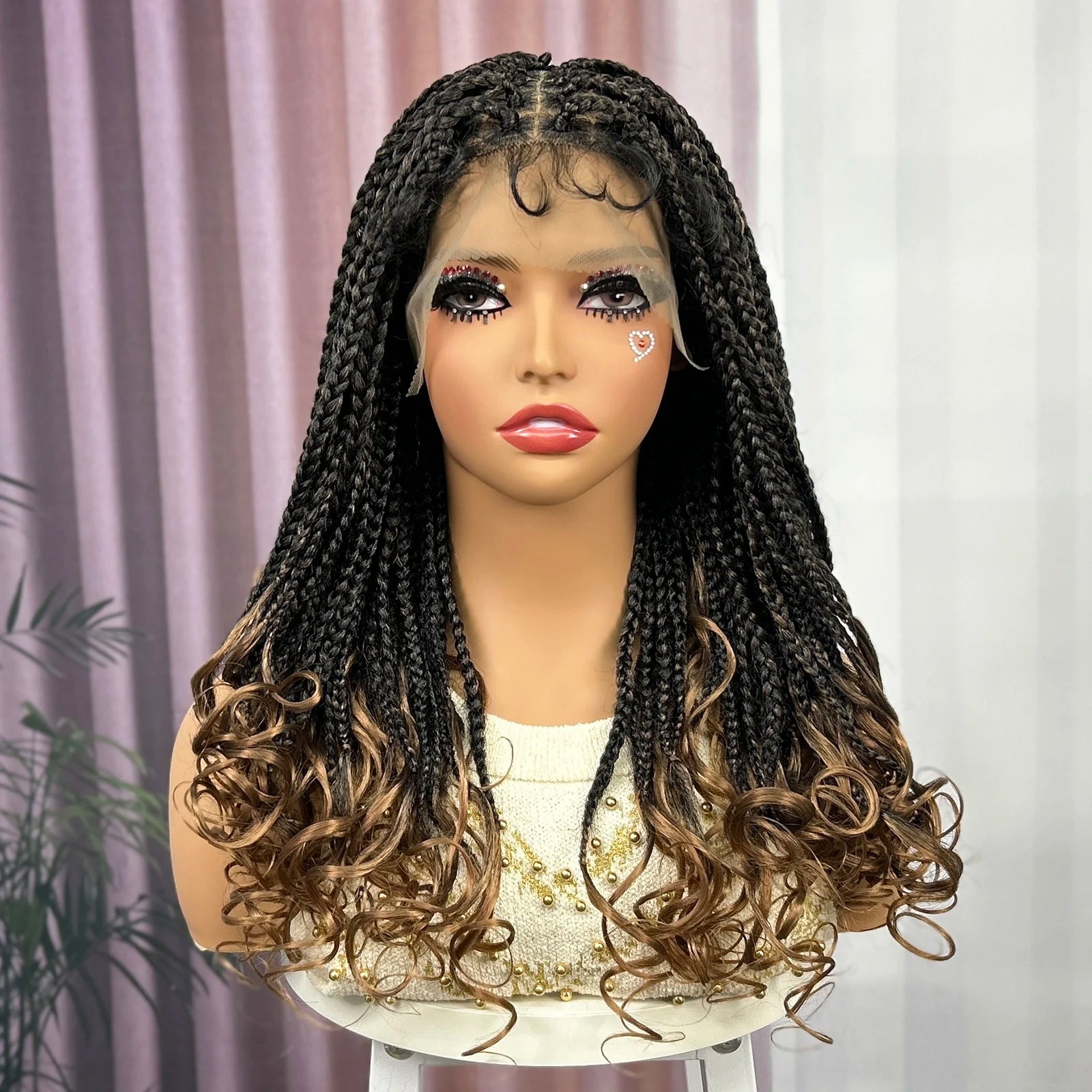 Ombre Synthetic Lace Front Square Knotless Box Braided Wig with Wavy Ends Lace Frontal Braids Wig with Baby Hair for Black Women