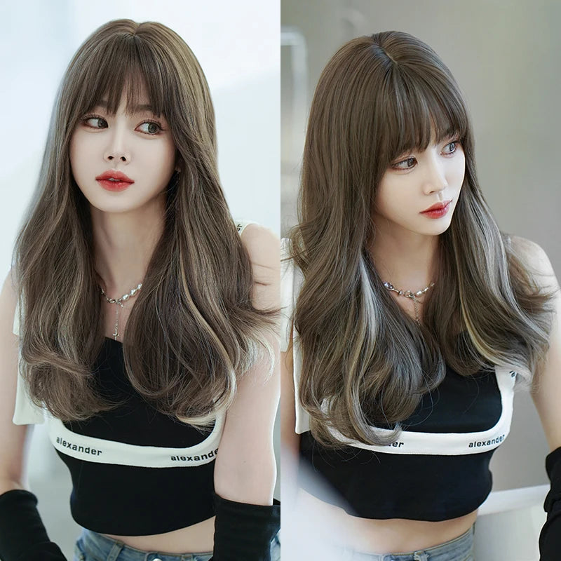 7JHH WIGS Body Wavy Wig Long Loose Curly Brown Wig for Women Daily Use High Density Synthetic Layered Hair Wigs with Bangs