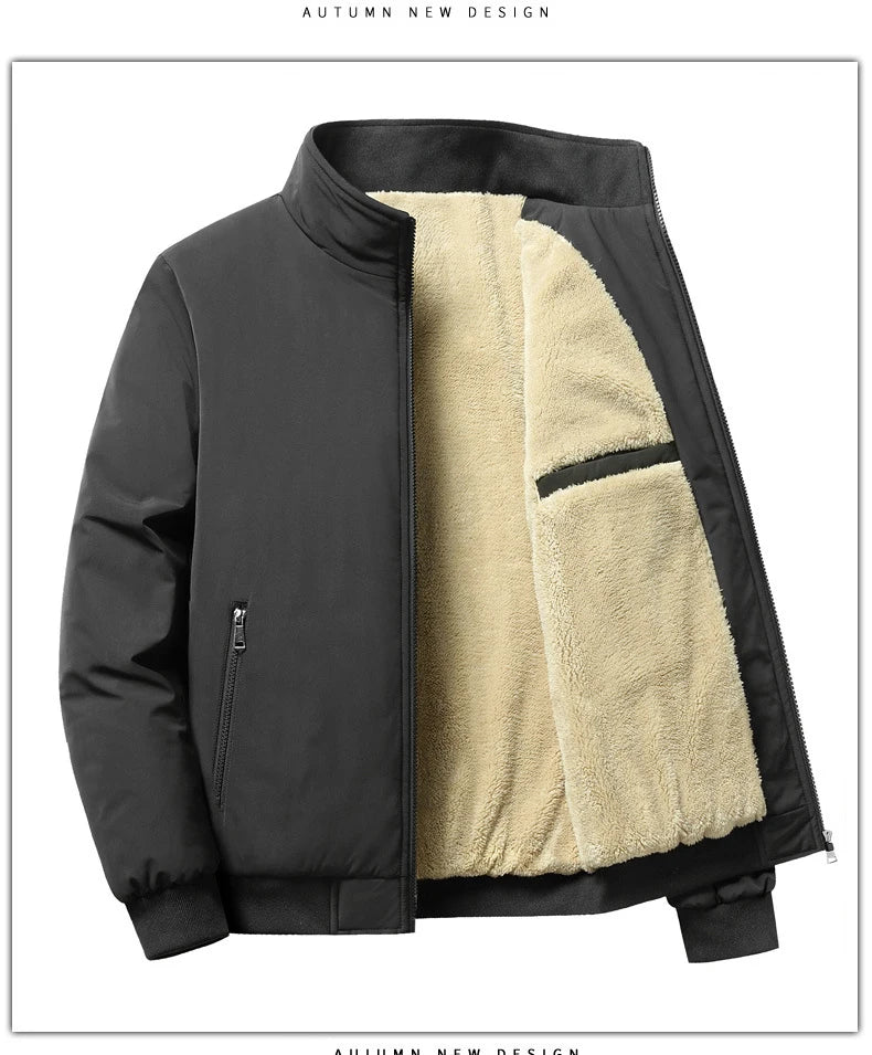 BROWON Winter Clothes Men Jacket Business Casual Solid Thick Fleece Jacket for Men Stand Collar Oversized 8xl Outerwear Coats