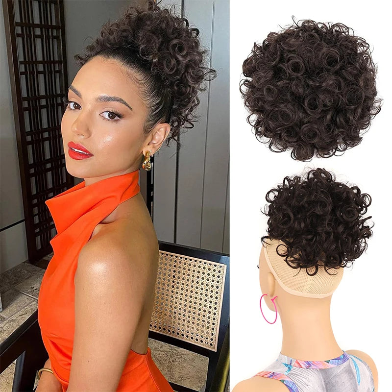 Brown Curly Hair Bun Curly Wave Drawstring Ponytail Buns Extensions for Women Heat Resistant Synthetic Updo Chignon False Hair
