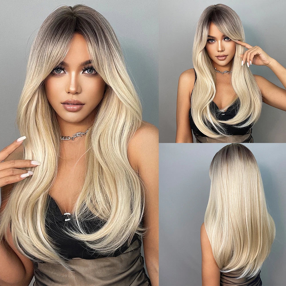 EASIHAIR Brown Straight Layered Wigs for Women Long Natural Hair Synthetic Wigs With Bangs Daily Use Party Heat Resistant Wigs