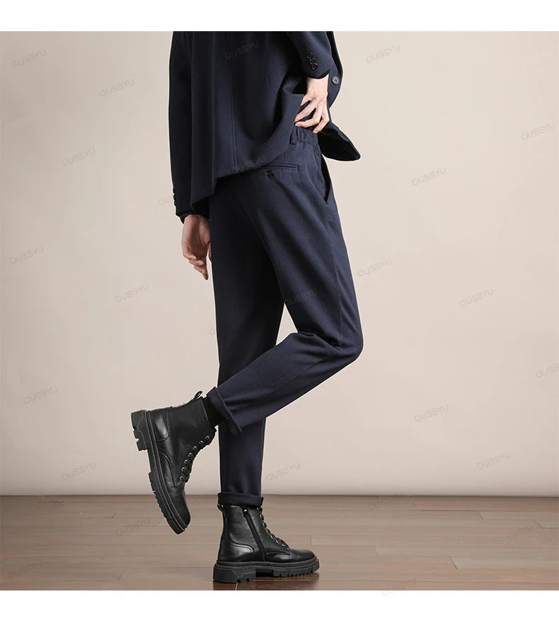 Brand Clothing Autumn Winter Luxury Suit Pants Men Thick Business Elastic Waist Woolen Ankle Pant Korean Formal Long Trousers