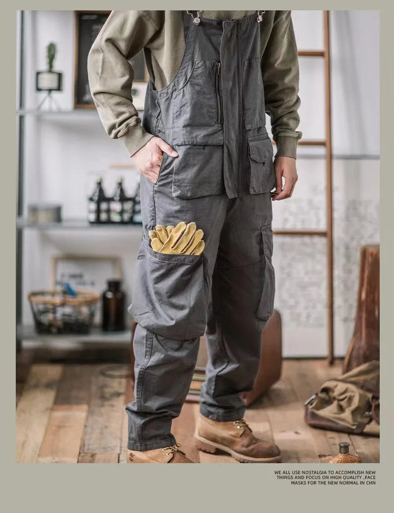 Retro American Cotton Overalls Loose Jumpsuit Men's Cargo Pants Men Suspenders Bibs Four Seasons Full Length Baggy Pants