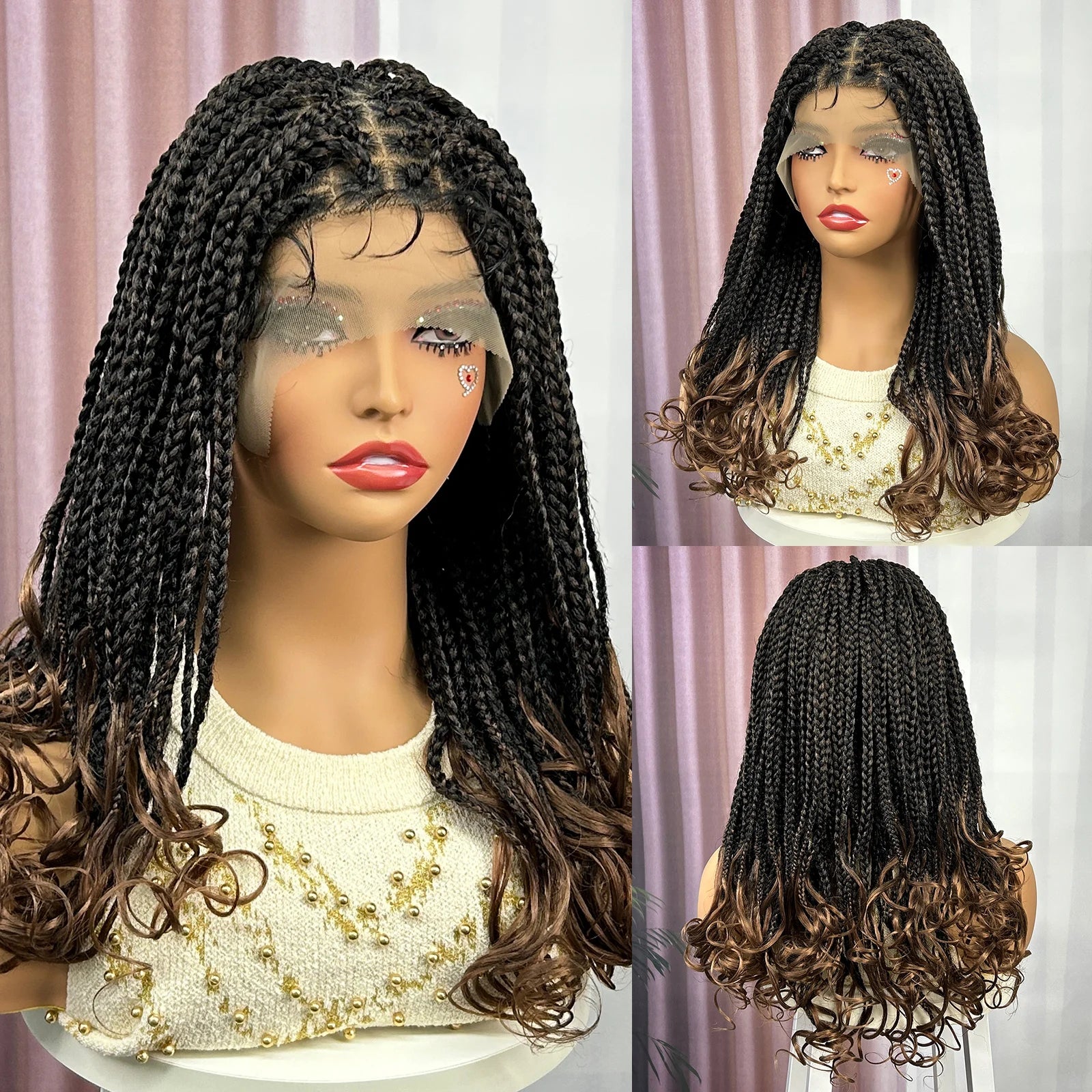 Ombre Synthetic Lace Front Square Knotless Box Braided Wig with Wavy Ends Lace Frontal Braids Wig with Baby Hair for Black Women