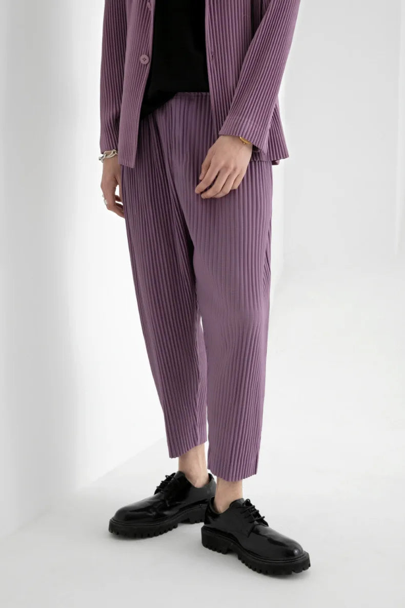 Pleats Pleated Commuter Pants Men's 2024 Autumn New Draped Elastic Trousers Casual Japanese Men Solid Color Nine Minute Pants