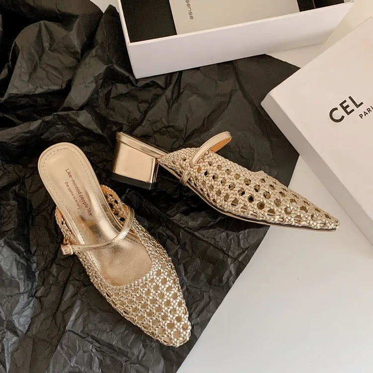 NEW Summer Women Mules Fabric Shoes for Women Pointed Toe Chunky Heel Shoes Cover Toe Slingback Shoes Soft Hollow Modern Sandals