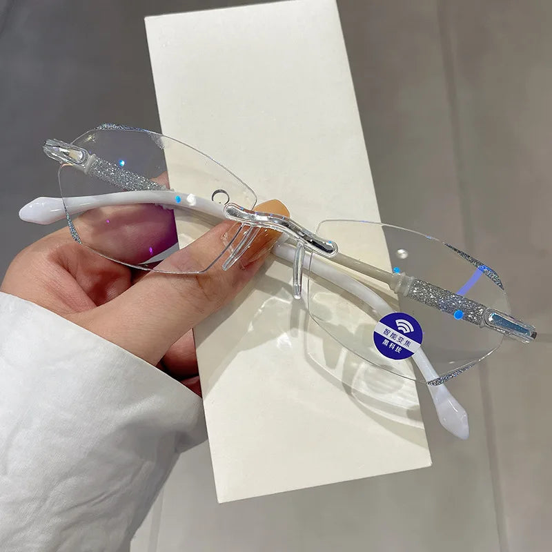 High Definition Lens Reading Glasses Women's Trendy Rimless Anti Blue Light Farsighted Eyewear Prescription Diopter Eyeglasses