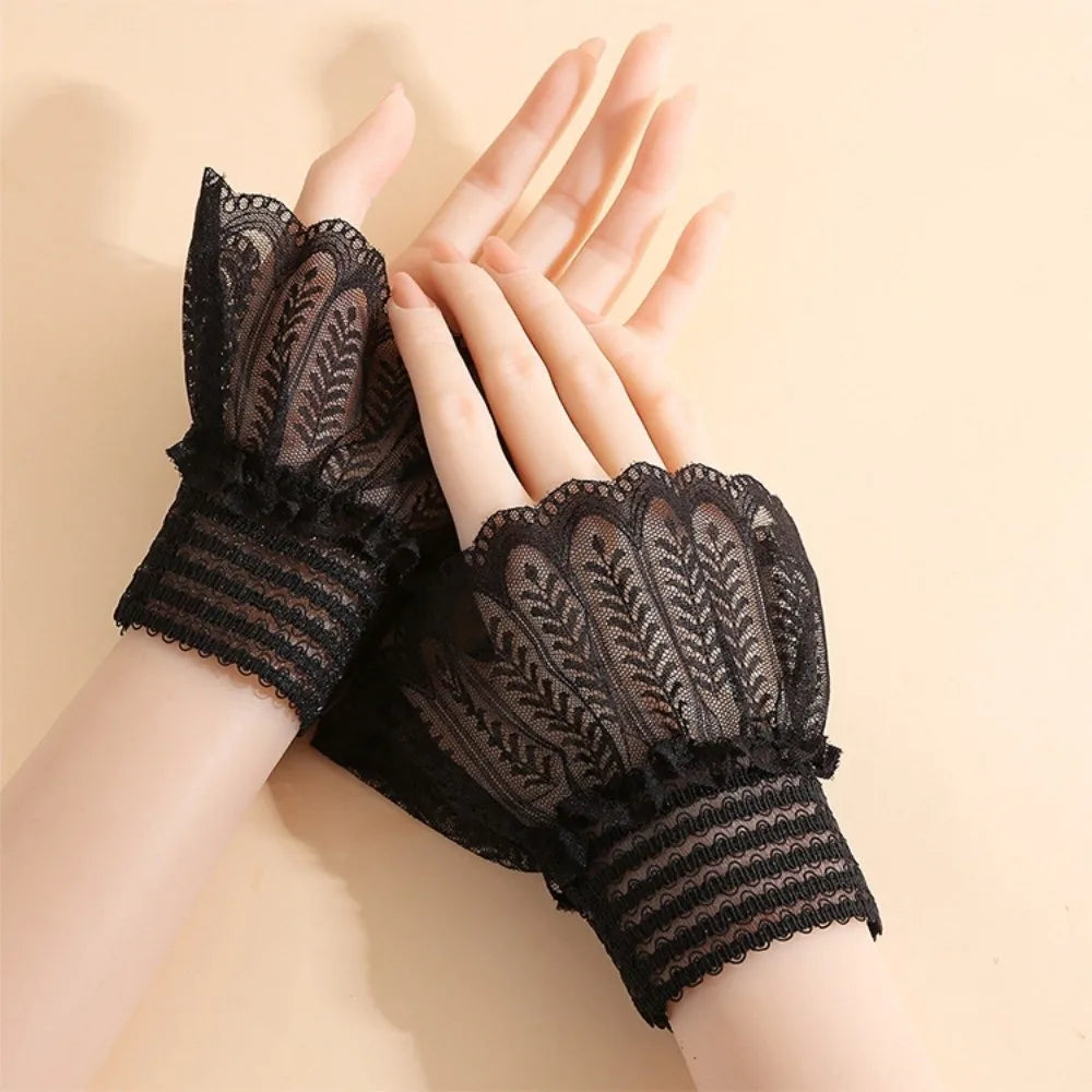 1 Pair Versatile Elegant Fake Cuffs Embroidery Pattern Detachable Lace Sleeves Solid Color Thin False Cuffs For Women