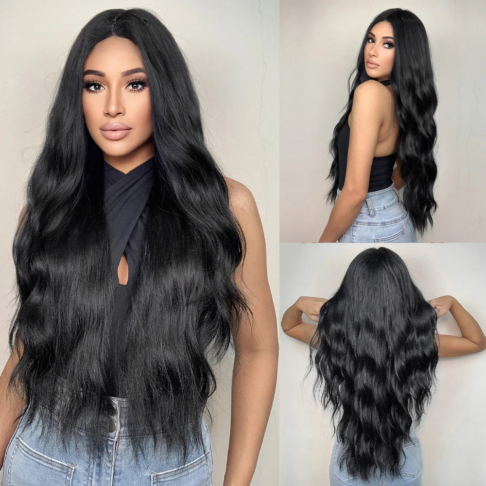 ALAN EATON Long Wave Dark Brown Synthetic Wigs for Black Women Middle Parted Wigs with Highlights Cosplay Hair Heat Resistant