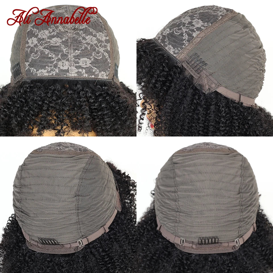 ALI ANNABELLE HAIR Curly Wigs With Bangs For Black Women Machine Made Wigs Kinky Curly 180% Brazilian Natural Color No Lace Wigs