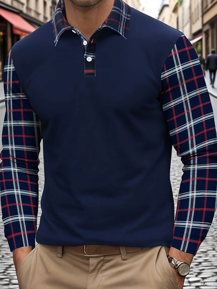 Men's casual color blocked shirt long sleeved polo shirt lapel pullove  checkered T-shirt simple retro men's clothing