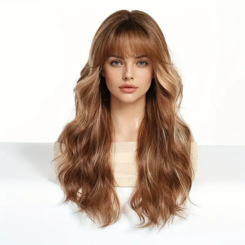 LOUIS FERRE Brown Blonde Highlights Wigs For Women Daily Long Wavy Curly Synthetic Wigs Natural Heat Resistant Hair With Bangs