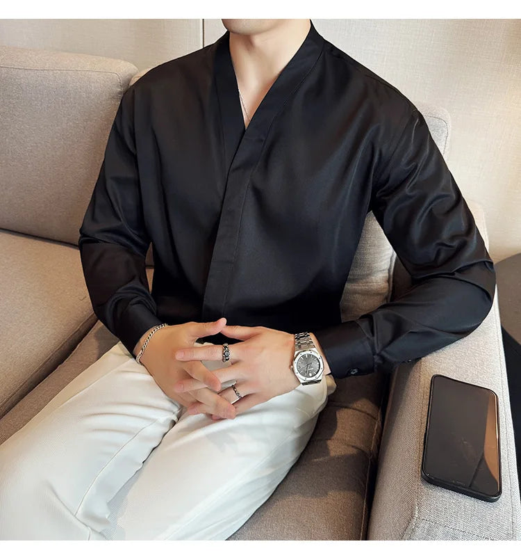 High Quality Collarless Shirts Men Fashion Slim Fit Long Sleeve Casual Shirts Business Office Social Formal Shirt Men Clothig