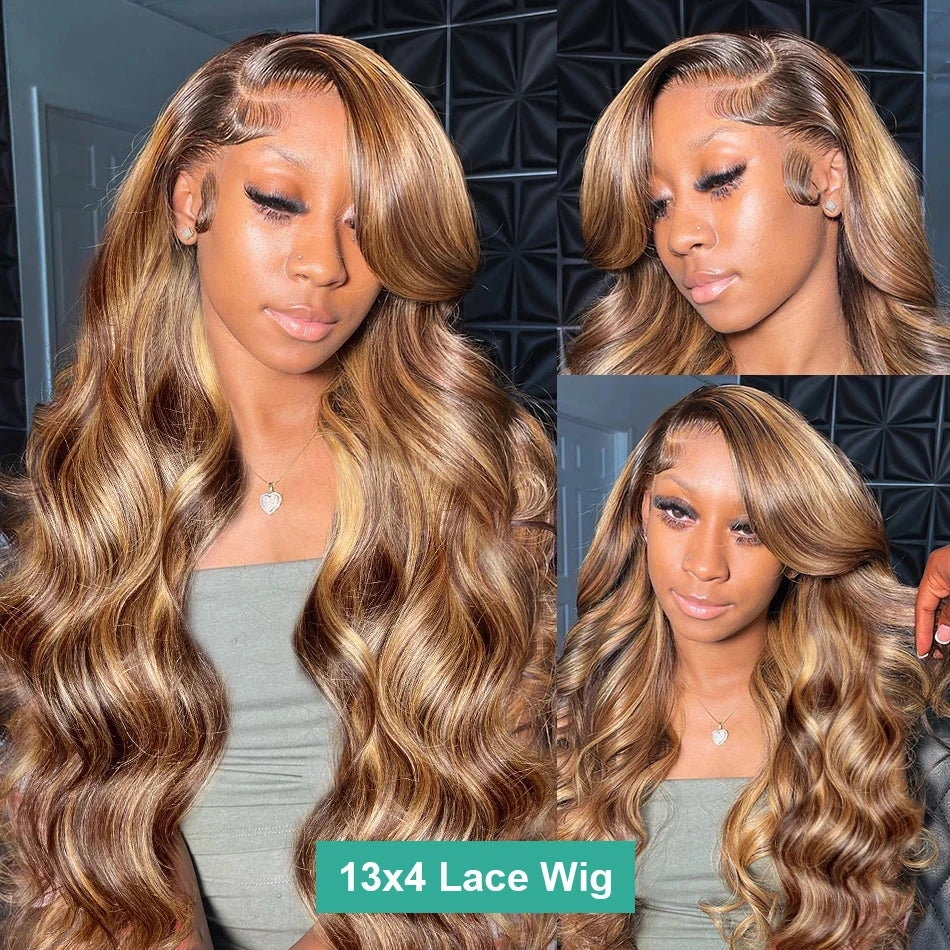 Highlight 13x6 Hd Lace Frontal Wig Human Hair Body Wave  Honey Blonde Brown Human Hair Wig P4/27 Colored Wig