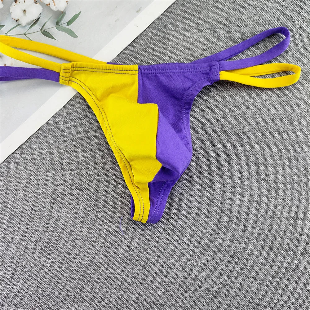 Double Strap Pure Cotton Thong Men T-back Underwear Patchwork Color Sports Seamless Male G-string Plus Size