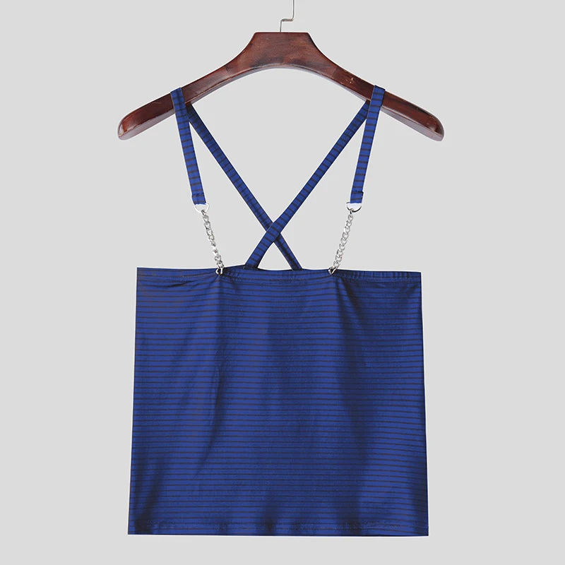 INCERUN Tops 2025 American Style Fashion New Men Striped Metal Strip Hanging Neck Vests Summer Sexy Casual Personality Tank Tops