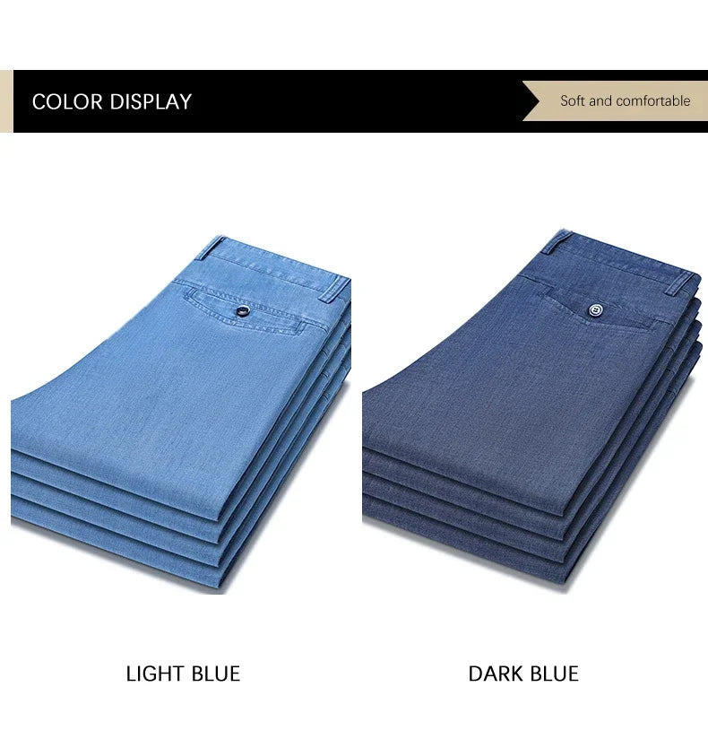 2024 New Men's Thin Lyocell Fabric Loose Jeans Light Blue Business Fashion Stretch Denim Trousers Male Clothing Brand Pants