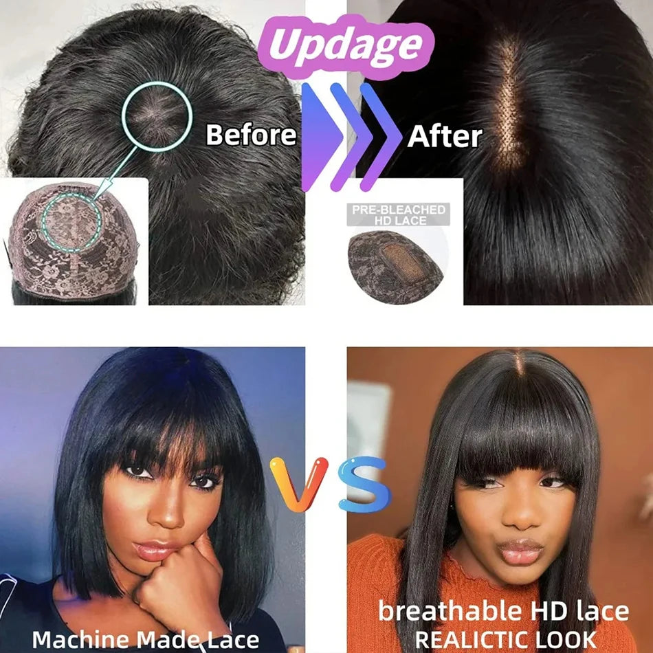 3X1 Middle Part Lace Wig Bone Straight Human Hair Wig With Bangs Brazilian 30 34 Inch Full Machine Made Straight Wig For Women