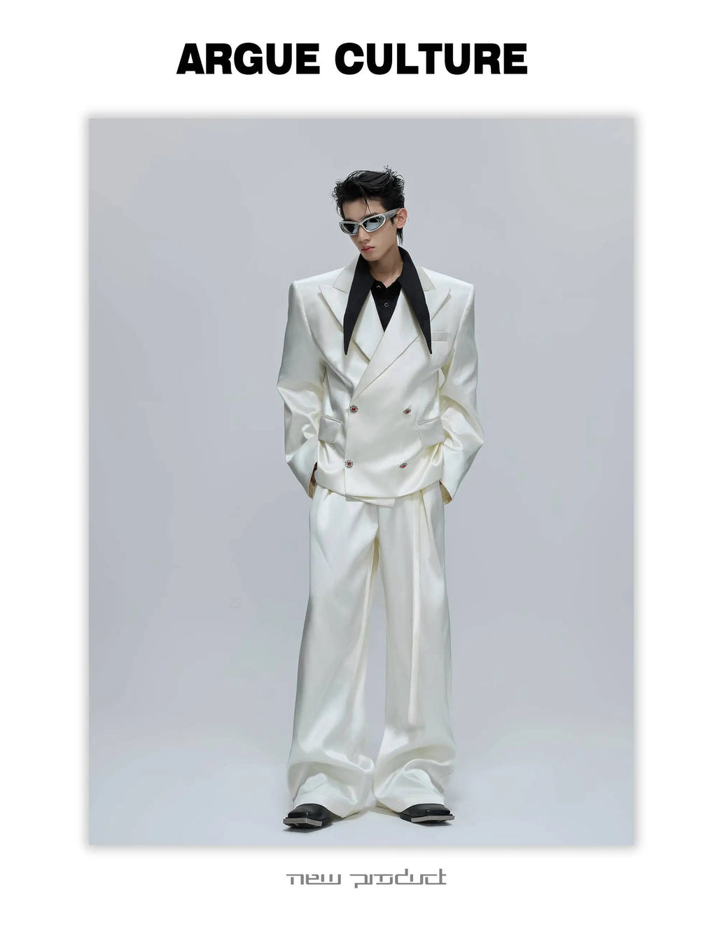 FEWQ Niche Design Men's Suit Sets Lapel Double Breatsed Silhouette Glossy Blazers Wide Leg Belt Chc Button Male Trousers 24K6098